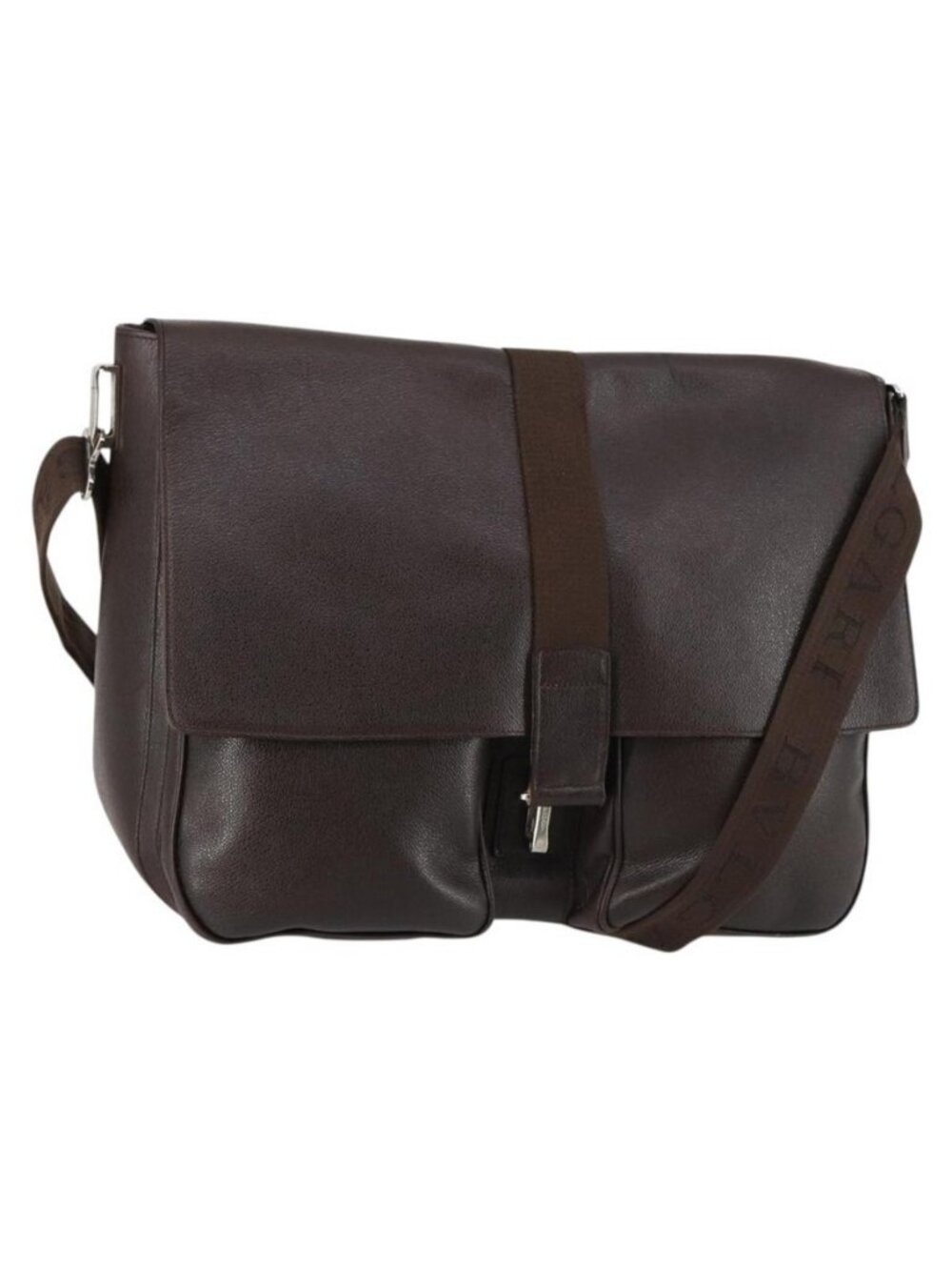 Authentic BVLGARI Shoulder Bag Leather Dark Brown Silver